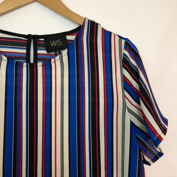 NEW NWOT W5 ANTHROPOLOGIE ANTHRO Blue Cream Red Striped Short Sleeve Work Blouse - Picture 4 of 7